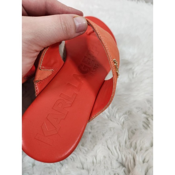 Karl Lagerfeld Paris Women's‎ Orange Leather Wedge Flip Flop Sandals Size 9M - Picture 6 of 8